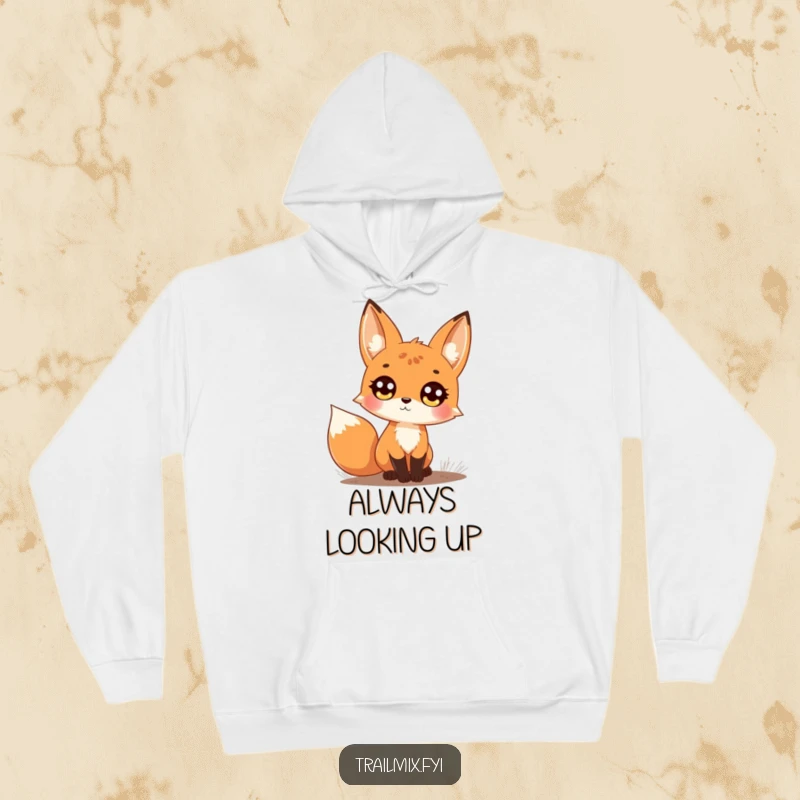 Funny hoodie depicting a curious fox on a trail, looking upwards with striking big, bright eyes, designed for warmth and charm.