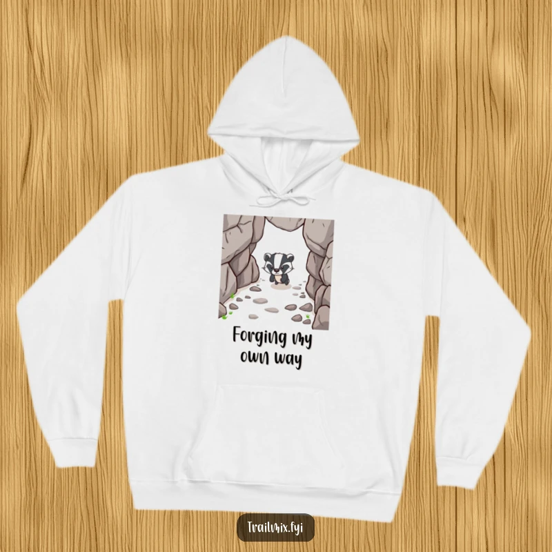 Funny hoodie featuring a determined badger character pushing forward on a rocky path, radiating resilience and strength.