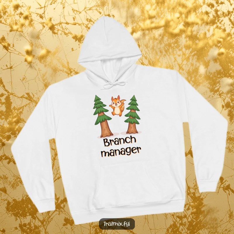 Funny squirrel hoodie depicting a happy squirrel mid-air, leaping between two towering pine trees, a symbol of boundless woodland energy.
