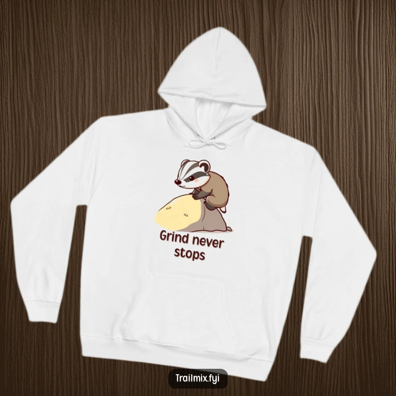 Funny determined badger hoodie, shown mid-climb with a serious expression, conveying strength and focus. Comfortable and motivational apparel.