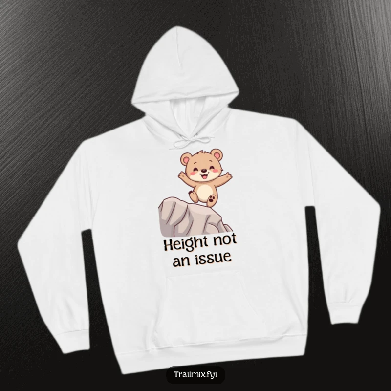 Funny bear cub hoodie, balancing with glee on a ridge, comfortable and warm, cute animal graphic.