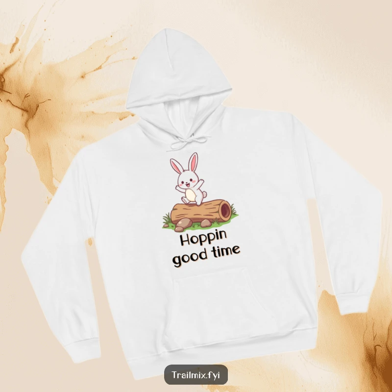 Funny rabbit hoodie showing a jovial rabbit playfully hopping over a small fallen log, offering warmth and cheerful vibes.