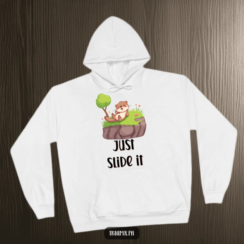 Funny hoodie featuring a happy otter sliding with glee, providing warmth and a dose of playful, humorous cheer.