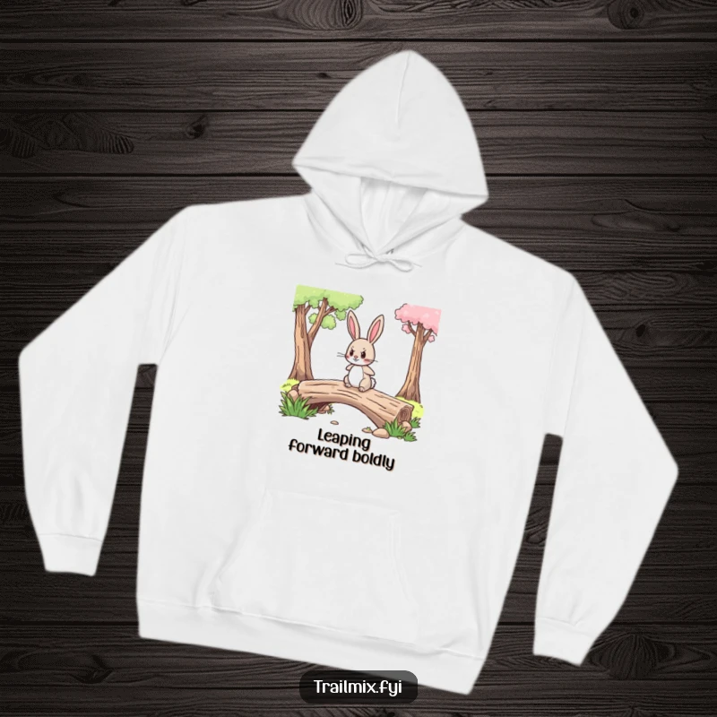 Funny hoodie depicting a brave little rabbit with a determined expression confidently crossing a log bridge, designed for warmth and inspiration.