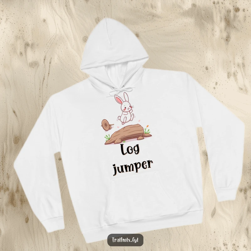 Funny bunny rabbit hoodie, depicted playfully leaping over a fallen log, designed for warmth and casual fun.