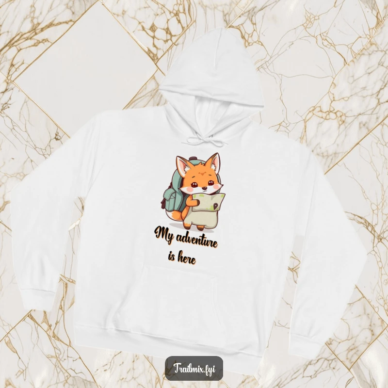 Funny curious fox character peeking out of a backpack with a map, depicted on a soft, warm hoodie.