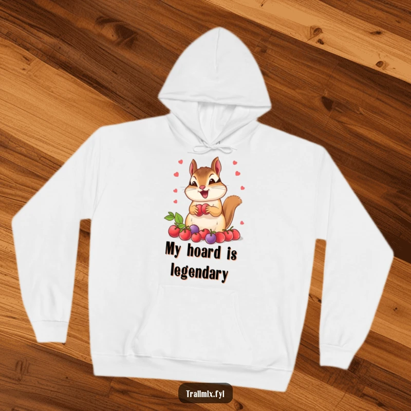 Funny chipmunk hoodie, looking thrilled while hoarding a massive amount of juicy berries. Very warm and humorous apparel.
