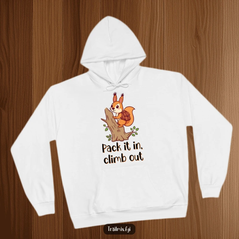 Funny determined squirrel carrying a backpack climbs a stylized tree on a cozy hoodie, for adventurers.