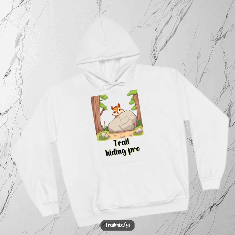 Funny hoodie shows a cheerful chipmunk peeking from behind a rock, offering warmth and a touch of playful woodland humor.