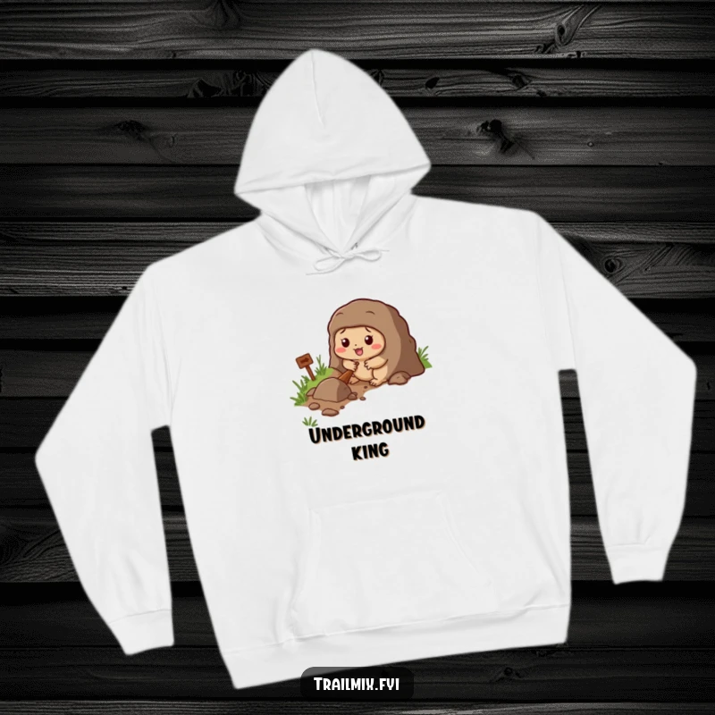 Funny hoodie with a determined mole character digging a tunnel beside a trail, perfect for cozy humor.