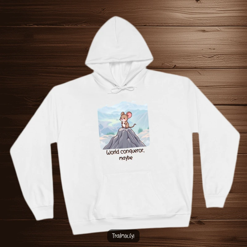 Funny Mouse Hoodie: A happy little mouse surveys a vast mountain vista from a peak, offering warmth and whimsy.