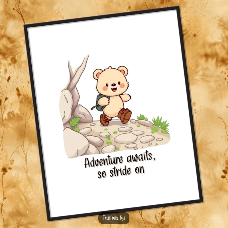 Free Printable Wall Art: A happy bear cub in hiking boots skips down a rocky path, embodying adventure and cuteness.