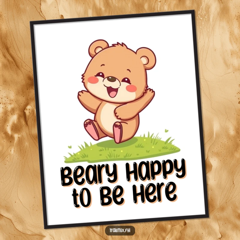 Funny Free Printable Wall Art: A playful bear cub with a delighted expression rolls joyfully down a grassy hill.