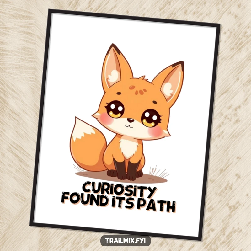 Free Printable Wall Art: A curious fox character with big, bright eyes gazing upwards from a forest trail.