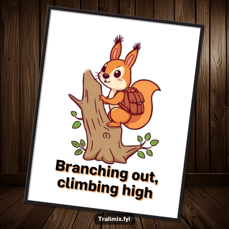 Funny Free Printable Wall Art: Determined squirrel with backpack climbing stylized tree, adventurous spirit, downloadable art.