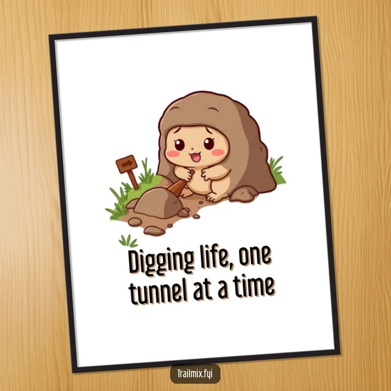 Funny Free Printable Wall Art: Determined cartoon mole excitedly digging a tunnel beside a trail, a humorous decoration.