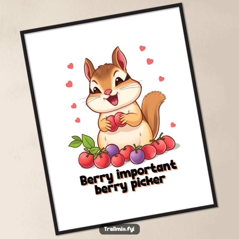 Funny free printable wall art of an energetic chipmunk going wild, gathering an enormous pile of colorful berries with pure delight.