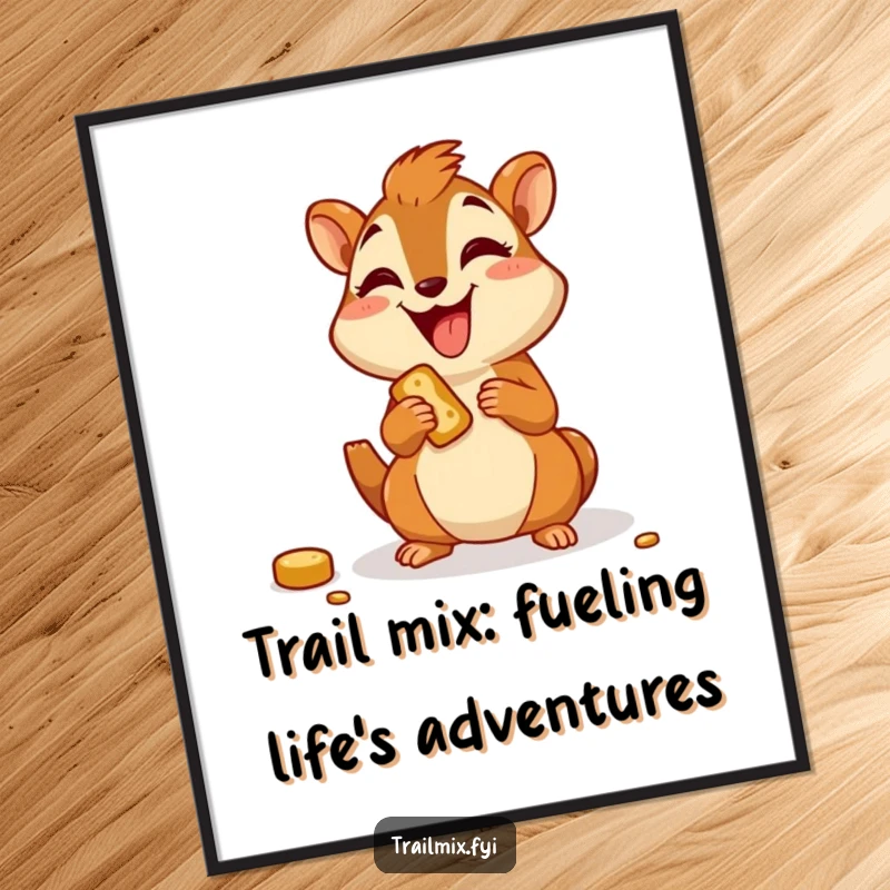 Funny Free Printable Wall Art: Joyful cartoon chipmunk happily munching on a trail snack, a cheerful decoration.