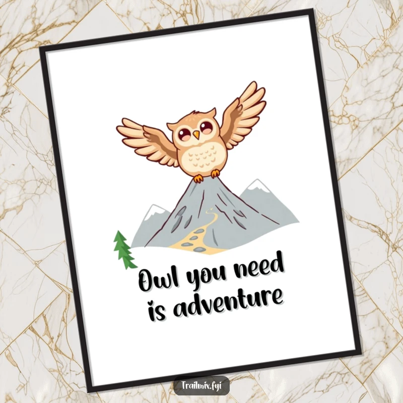 Funny Free Printable Wall Art: Joyful owl in mid-flight, soaring majestically above a scenic mountain trail.