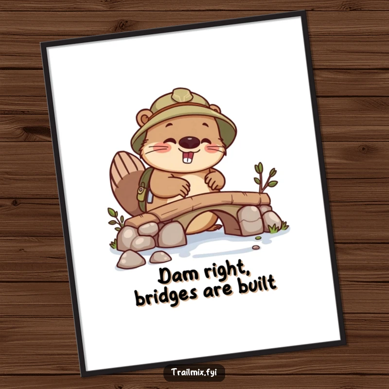 Funny Free Printable wall art of a busy beaver explorer focused on building a small bridge, embodying industry, downloadable decor.