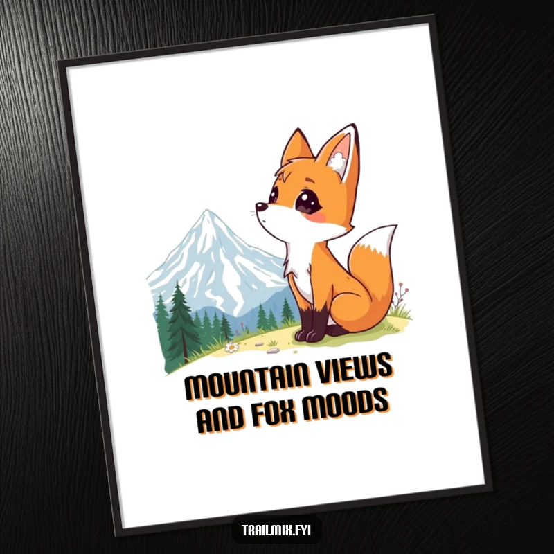 Funny Free Printable Wall Art depicting a curious fox character looking up at a breathtaking mountain vista with awe.