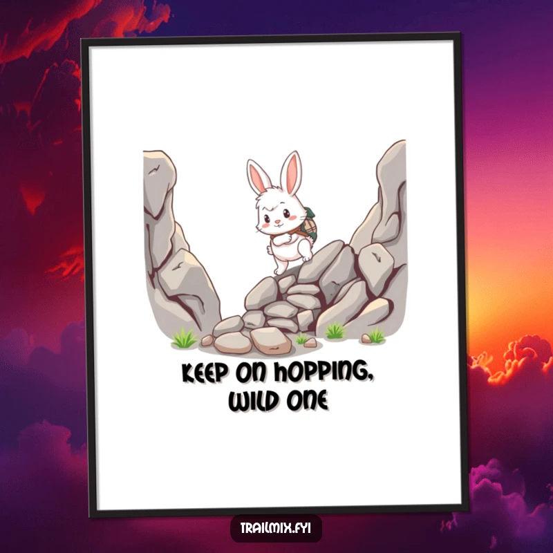 Funny Free Printable Rabbit Wall Art: Fluffy rabbit adventurer determinedly scrambling up a rocky path.