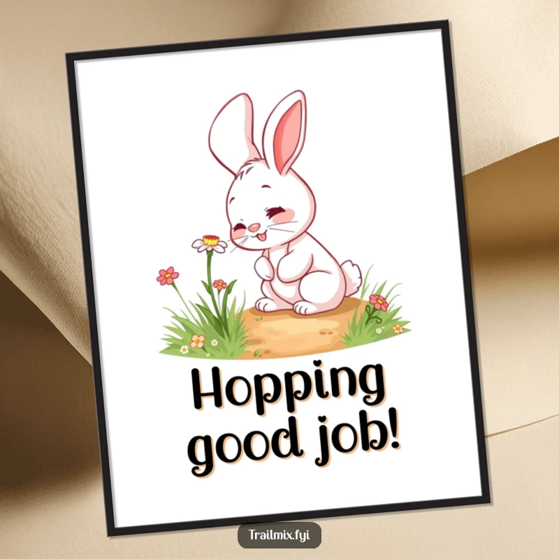 Funny Free Printable Wall Art: Giggling rabbit curiously sniffing a wildflower on a path, adding whimsical charm to any room.