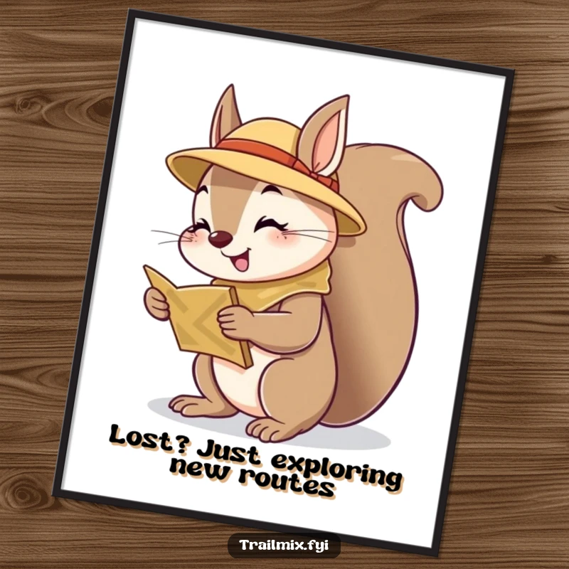 Funny Free Printable wall art of a cheerful squirrel scout peering intently at a map, ready for adventure, downloadable decor.