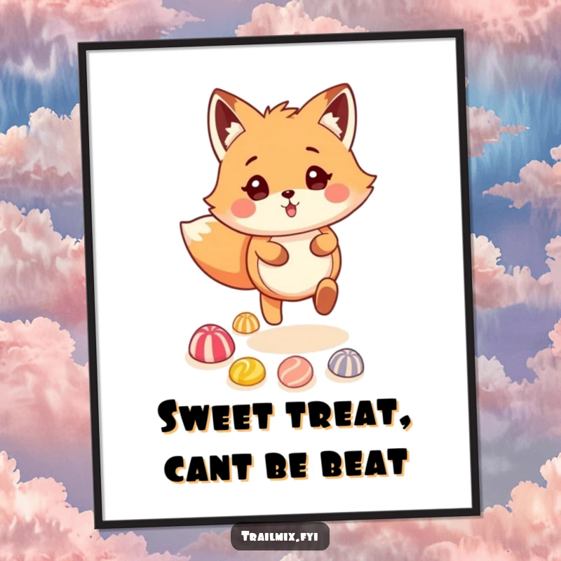 Funny Free Printable Wall Art: Fluffy fox joyfully skipping along a vibrant trail of colorful candies, whimsical decor.