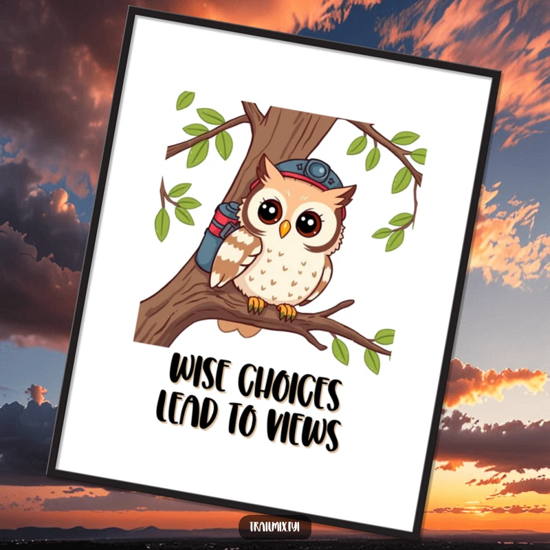 Funny Free Printable Wall Art: A curious owl hiker peering from a tree branch, bringing a sense of wonder and adventure indoors.
