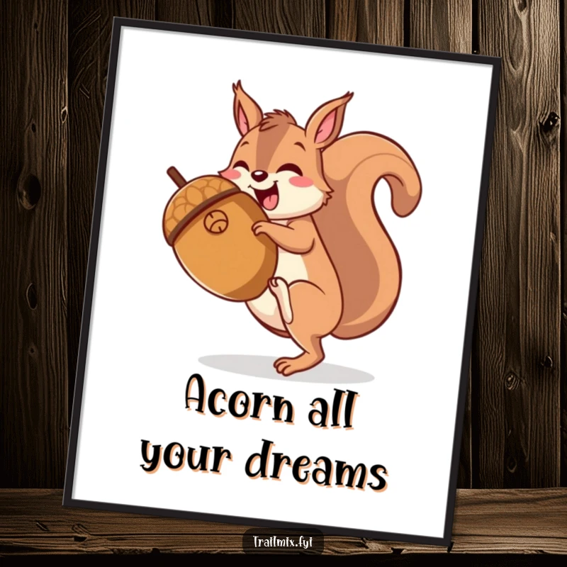 Funny Free Printable Wall Art: A happy cartoon squirrel gleefully hikes up the side of a massive acorn.
