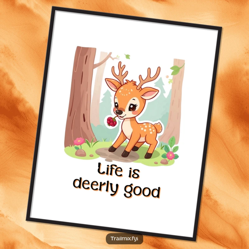 Free Printable Wall Art: A playful deer character nibbling on a forest berry while pausing on a path.