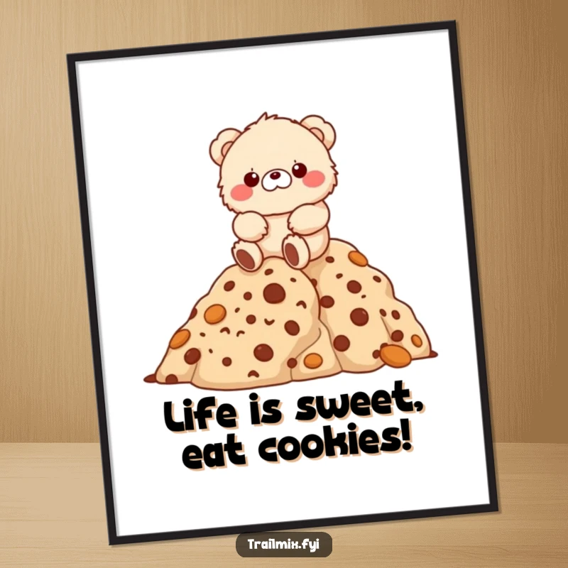 Funny Free Printable Wall Art: Fluffy bear happily hiking up a giant mountain made of cookies, a whimsical and sweet scene.