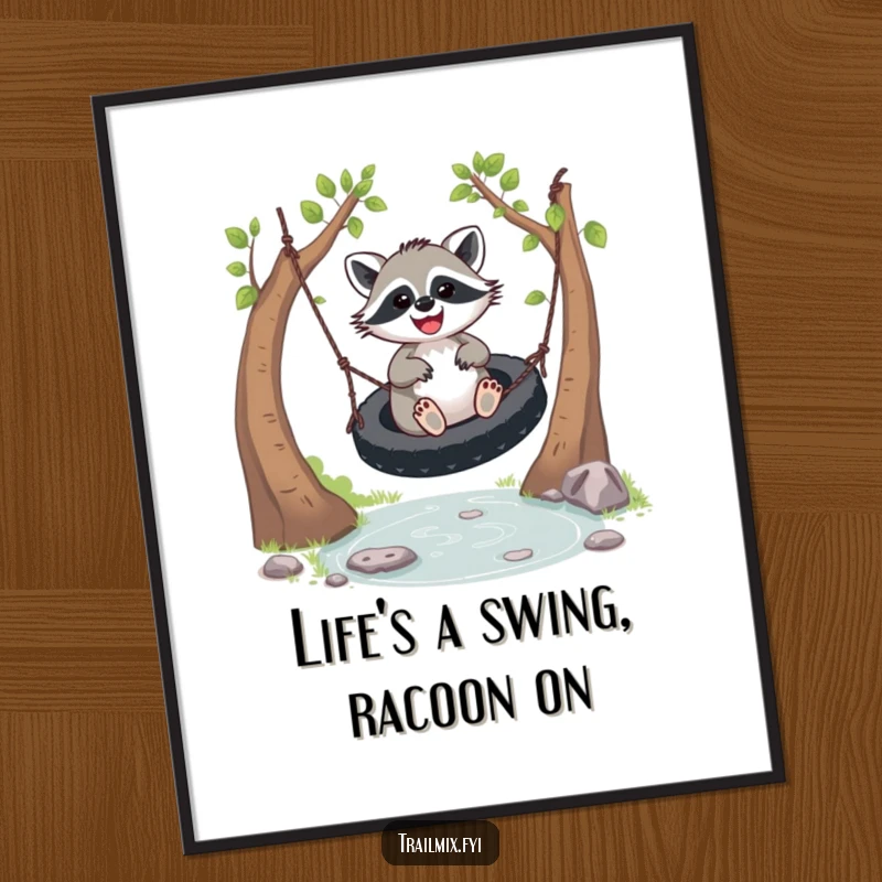 Funny free printable wall art of a carefree raccoon ecstatically riding a tire swing over a serene stream, embodying pure bliss.