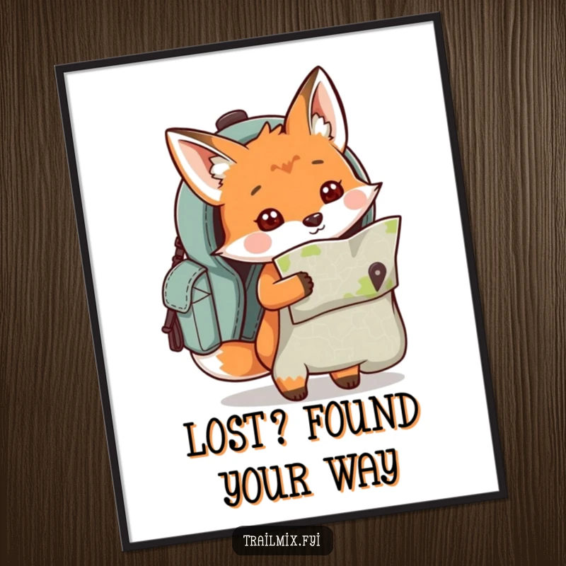 Funny Free Printable Wall Art: A curious cartoon fox peeks out from a backpack, holding a map and looking ready for adventure.