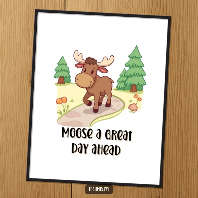 Funny Free Printable Wall Art: Cheerful moose walking along a winding path, whimsical downloadable decor.