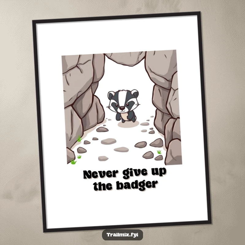 Funny Free Printable Wall Art: A determined badger forging ahead on a rocky path, embodying perseverance.