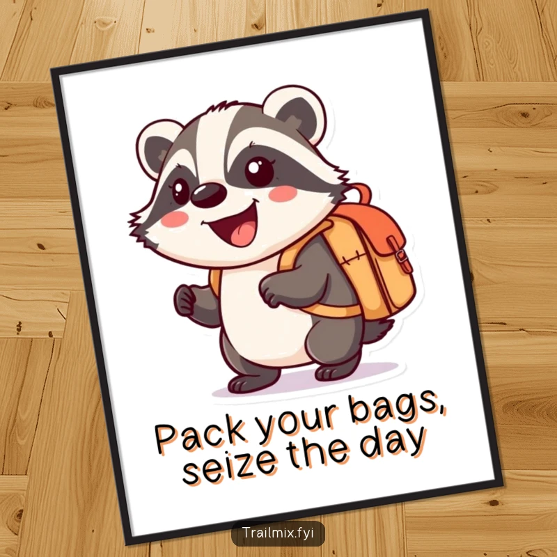 Funny Free Printable Wall Art: A smiling badger character enthusiastically carrying a packed knapsack, ready for exploration and adding quirky charm to walls.
