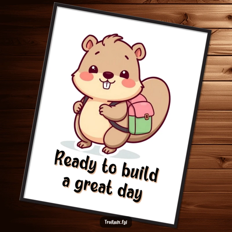 Funny Free Printable Wall Art: A cheerful beaver character carrying a tiny backpack, adding a whimsical touch to decor.