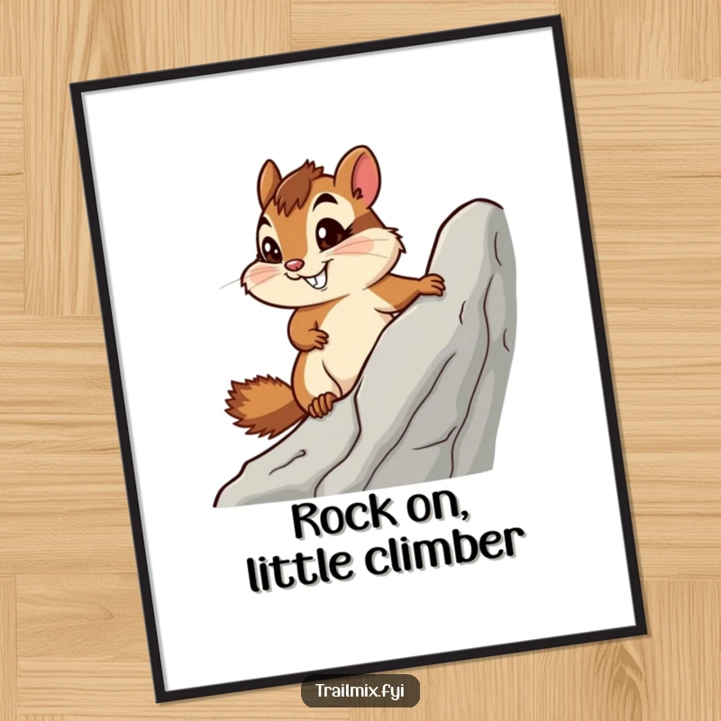 Funny Free Printable Wall Art: A smiling chipmunk with a determined gaze is shown mid-climb on a rugged, detailed rock formation.