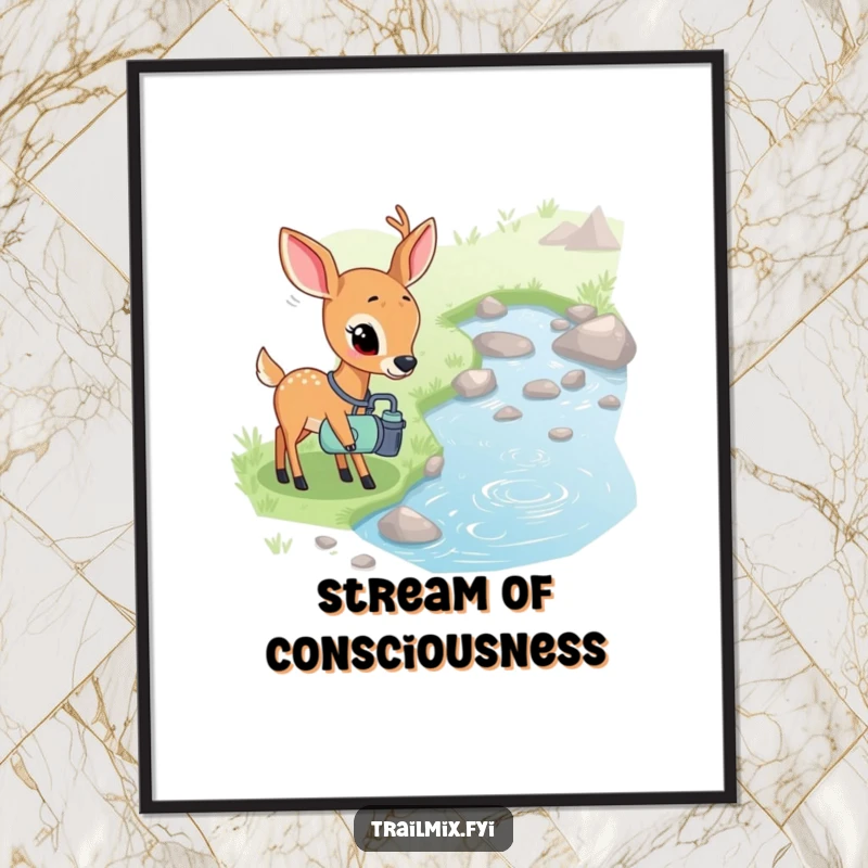 Funny Free Printable Wall Art: A shy deer with a canteen curiously observing a bubbling stream, evoking peaceful contemplation.
