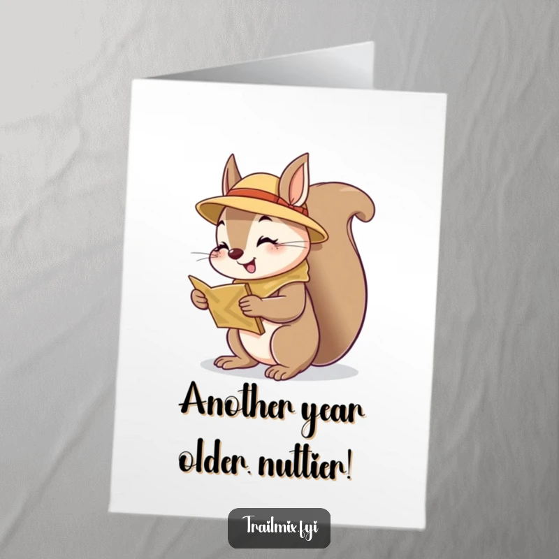 Funny Free Printable birthday card of a cheerful squirrel scout with a map, ready for a birthday adventure, downloadable gift.