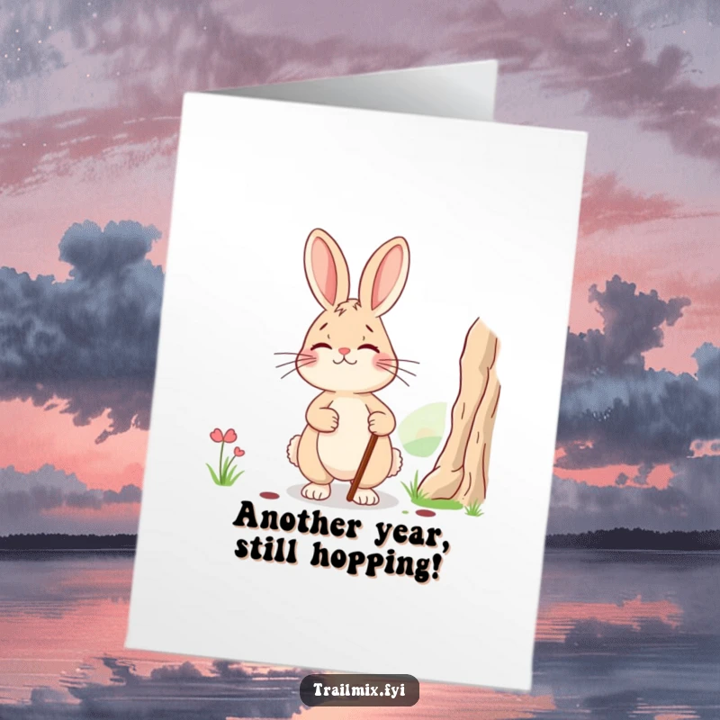 Funny free printable birthday card featuring a tired rabbit with a walking stick, smiling while enjoying a scenic view.