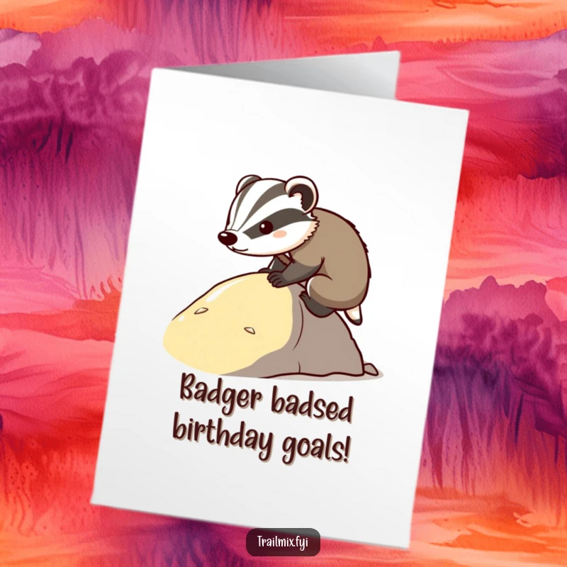 Funny free printable birthday card showing a steadfast badger with a determined expression, confidently climbing a grassy hill.