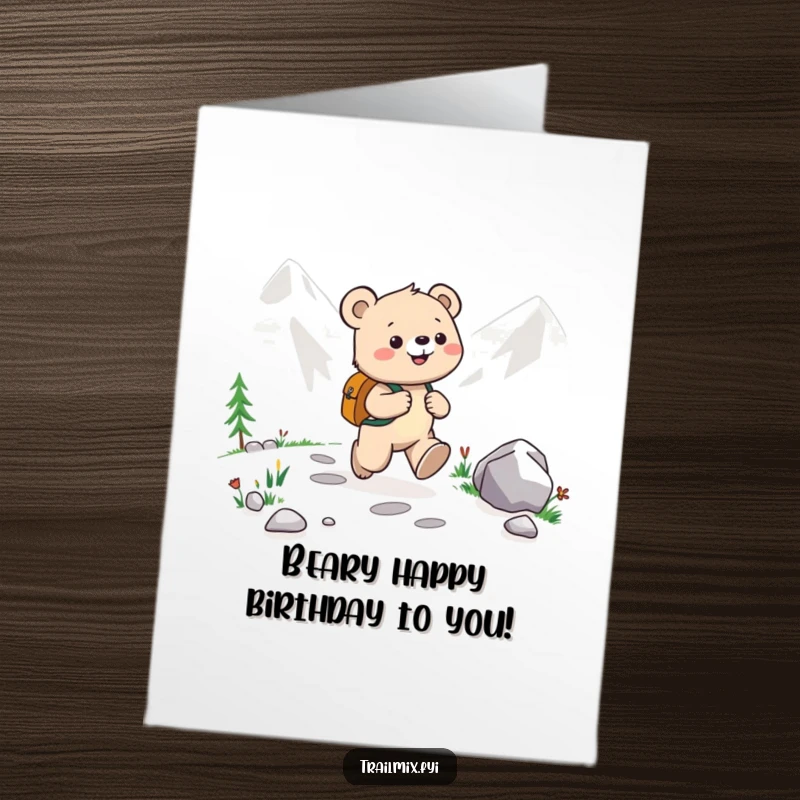 Funny Free Printable Birthday Card: Happy bear cub with backpack joyfully skips along a scenic mountain path.
