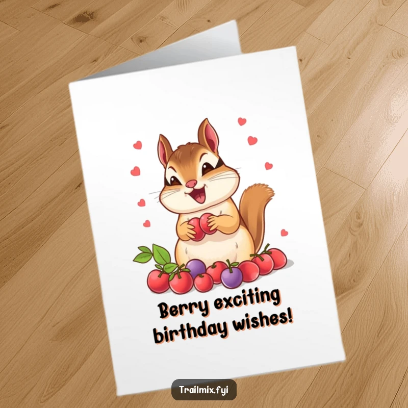 Funny free printable birthday card showing an adorable chipmunk excitedly gathering a pile of delicious berries, ready for a party.