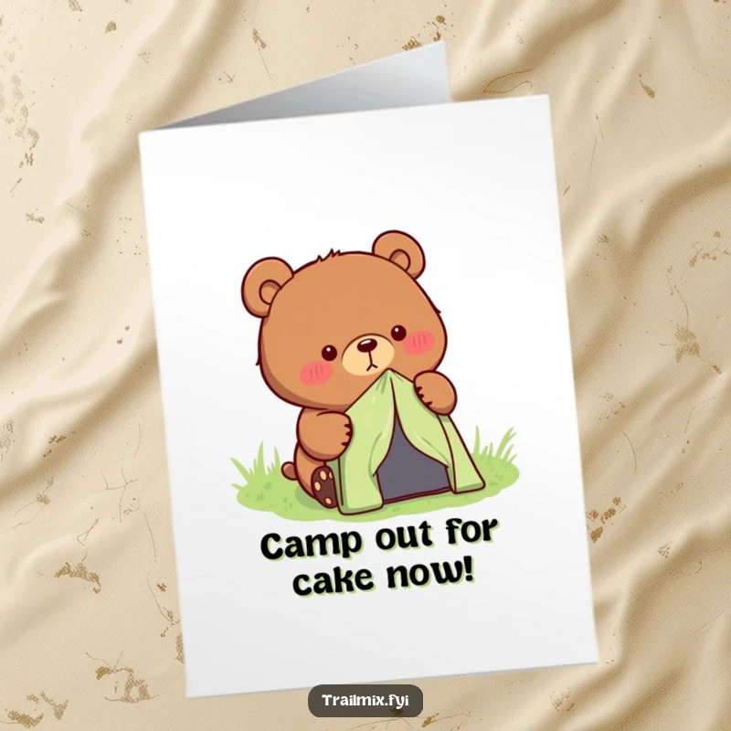 Funny Free Printable Birthday Card: A determined cartoon bear is diligently setting up a small, colorful tent.