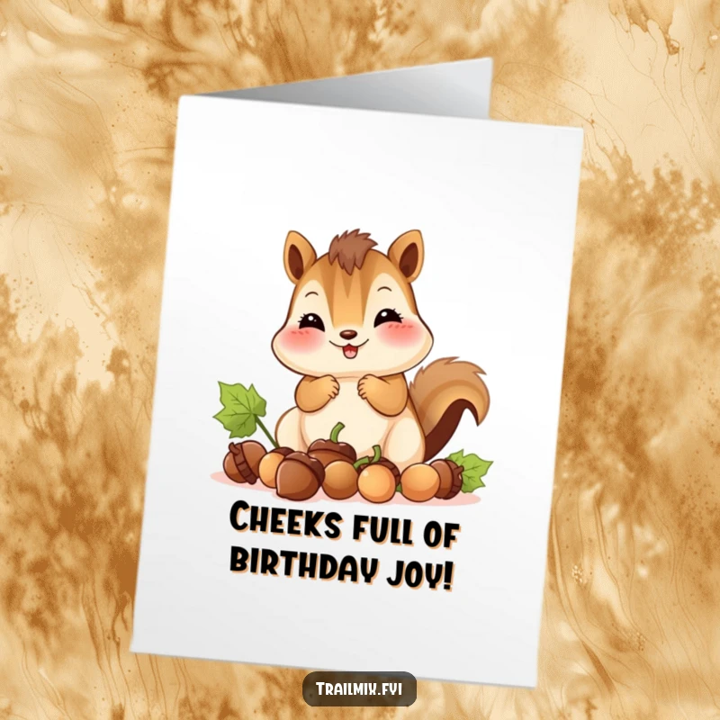 Funny Free Printable Birthday Card: Smiling chipmunk stuffs acorns into ridiculously full cheeks for a birthday treat.