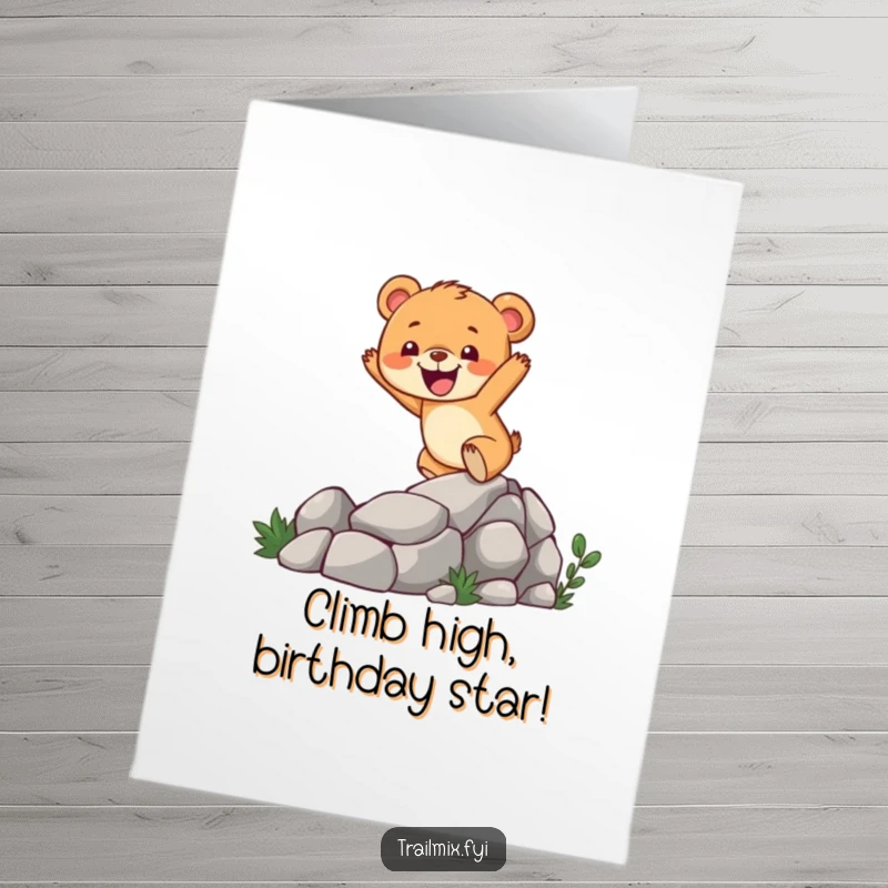 Funny Free Printable Birthday Card: Cheerful bear cub enthusiastically climbing a rocky trail, ready to deliver birthday cheer.