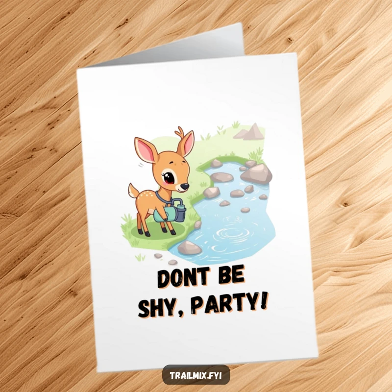 Funny Free Printable Birthday Card: A shy deer holding a canteen, curiously peering at a gently bubbling stream.